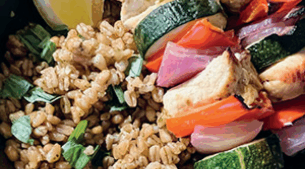 Sicilian Chicken Vegetable Skewers with Pesto Farro